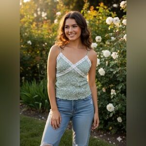 Y2K- Coquette Sage Floral Lace Cami - Wild Love Cottagecore Ribbed Tank
